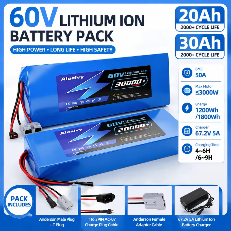 60V 30Ah Electric Scooter Battery - Aleaivy 60V 20AH 30AH 21700リチウムバッテリーパック、電動バイク・スクーター・自転車用、1000W 2000Wモーター対応、50A